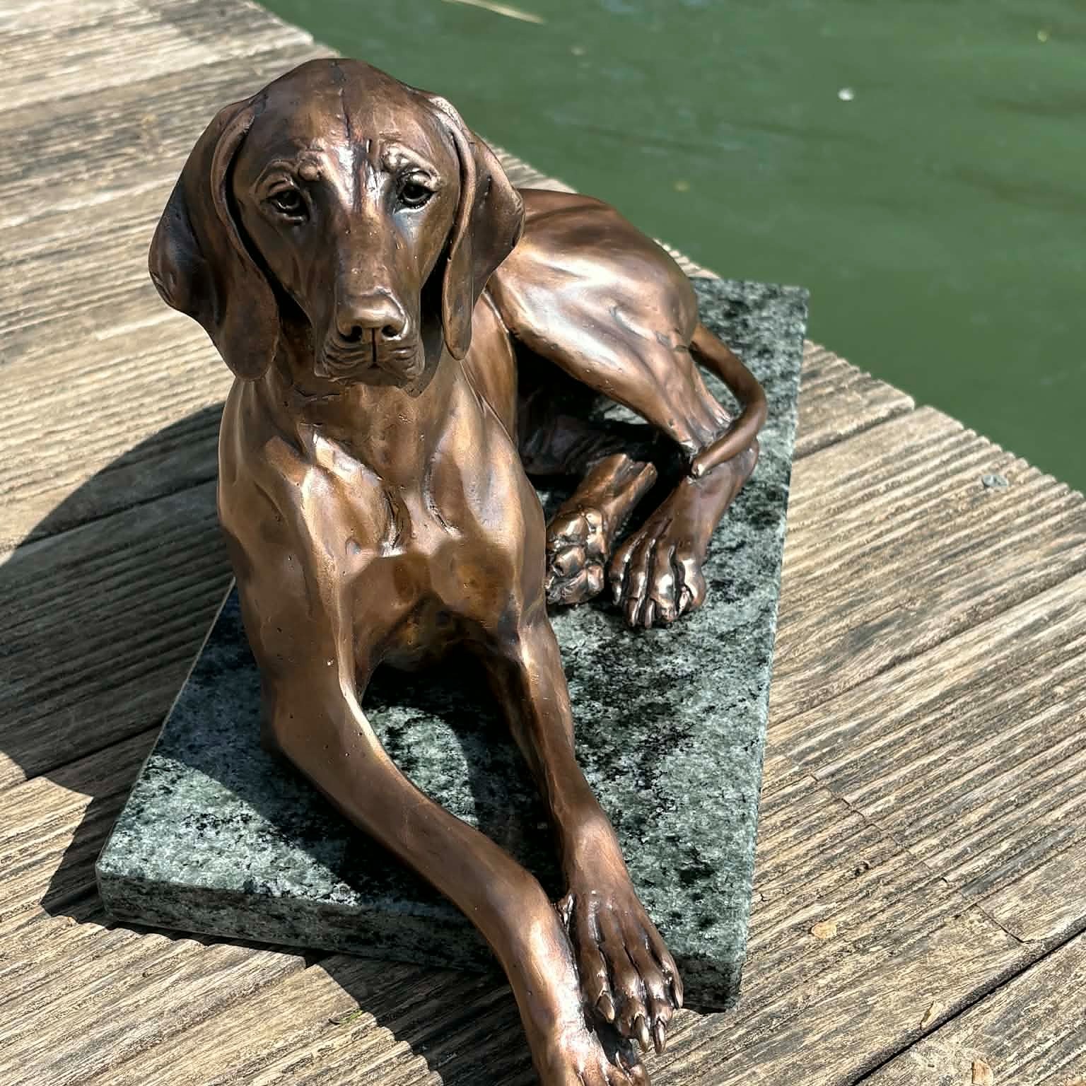 Lying Hungarian Vizsla Bronze sculpture, by Anna Tölgyesi Poós